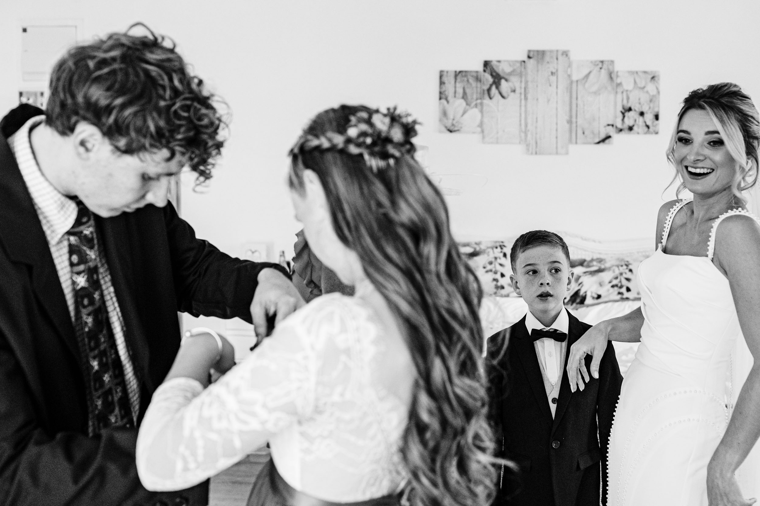 a funny moment, bride and kids