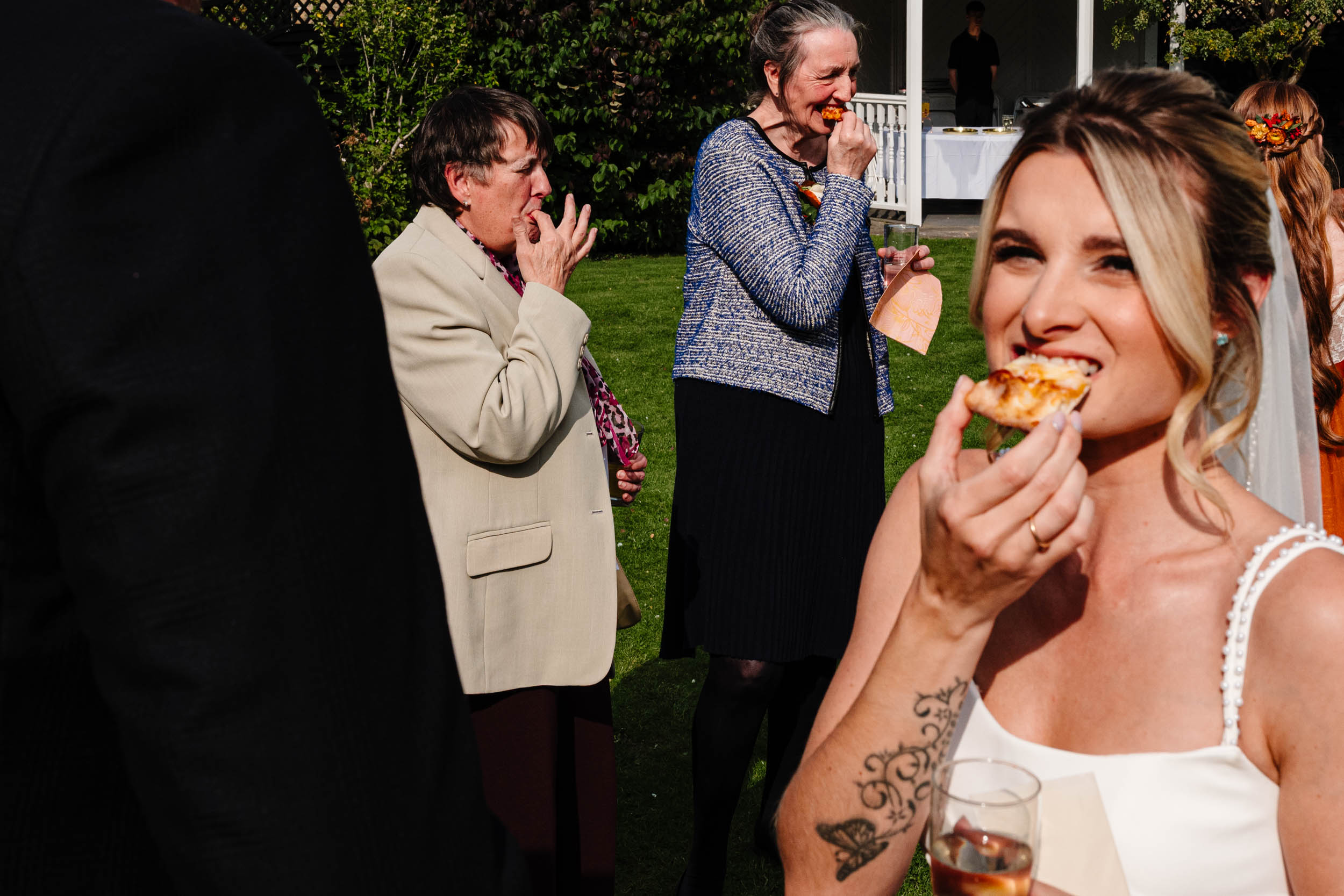 3 people eating food