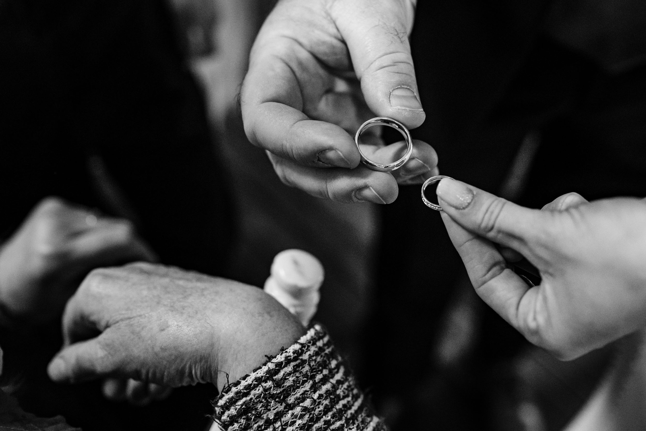 groom showing rings compared to bride's rings