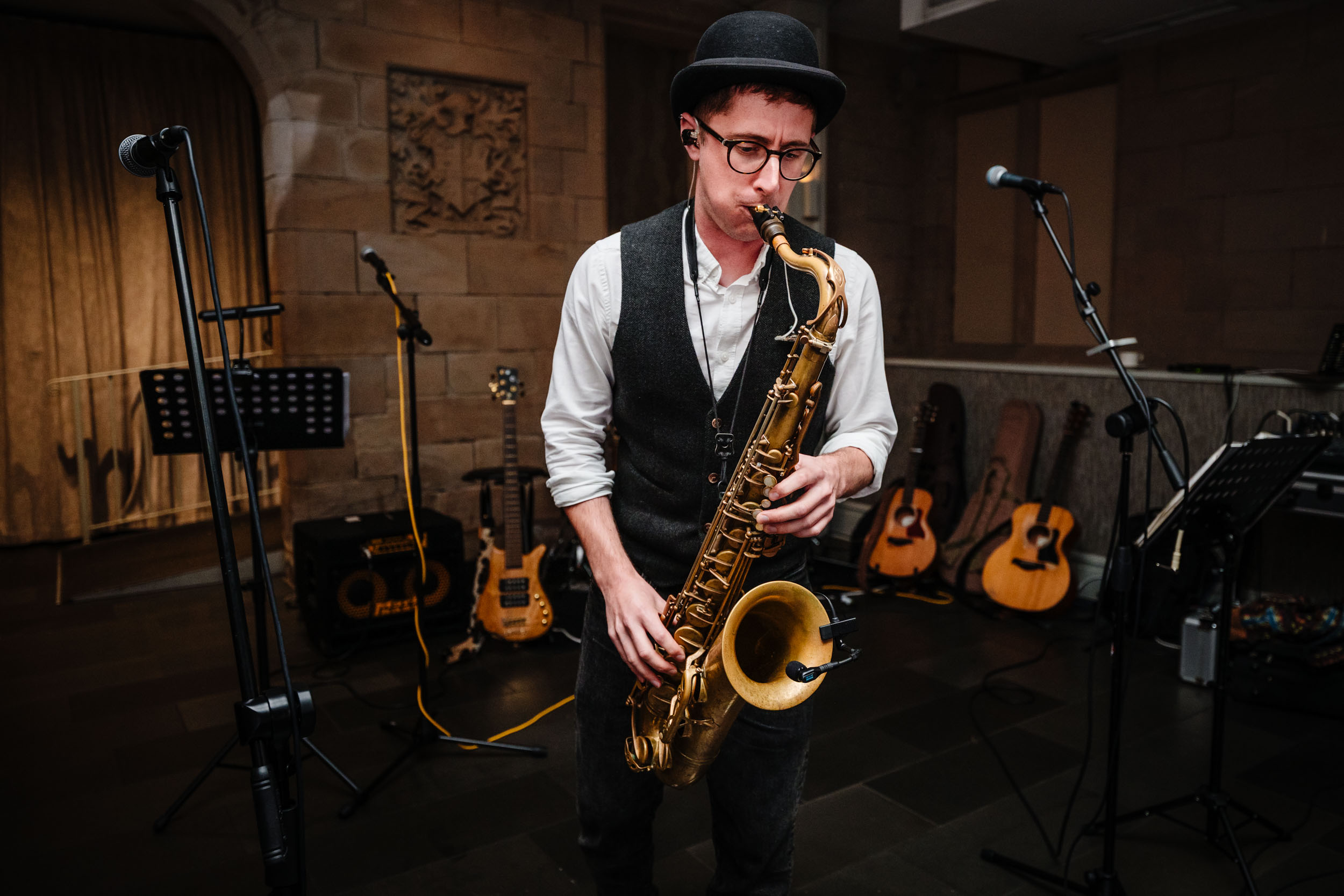 Sax player performing during the evening party