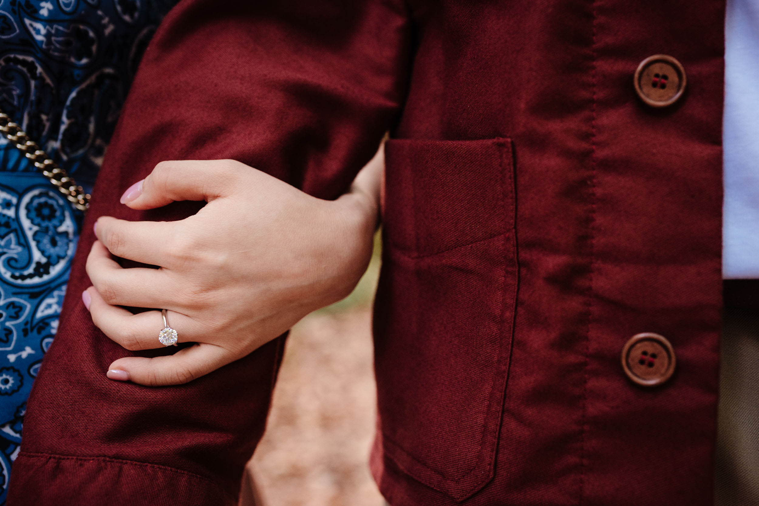 Close-up of Ariel’s engagement ring shining in the morning light