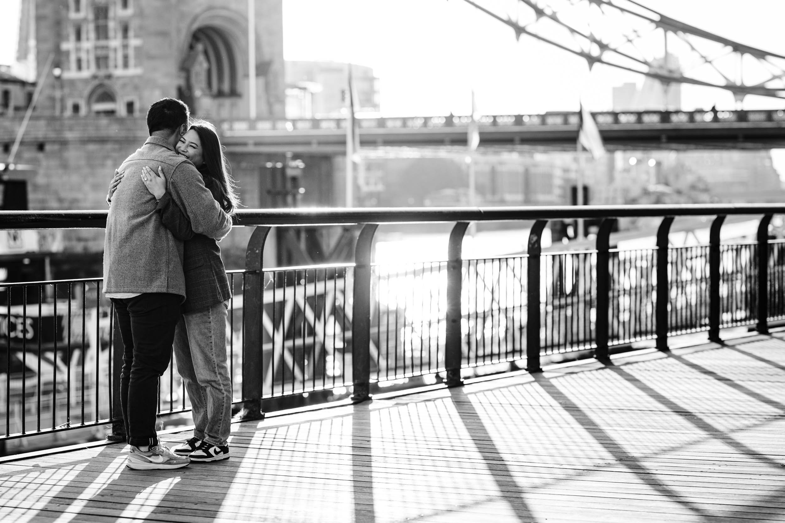 Emotional reaction as Christine says yes at Tower Bridge