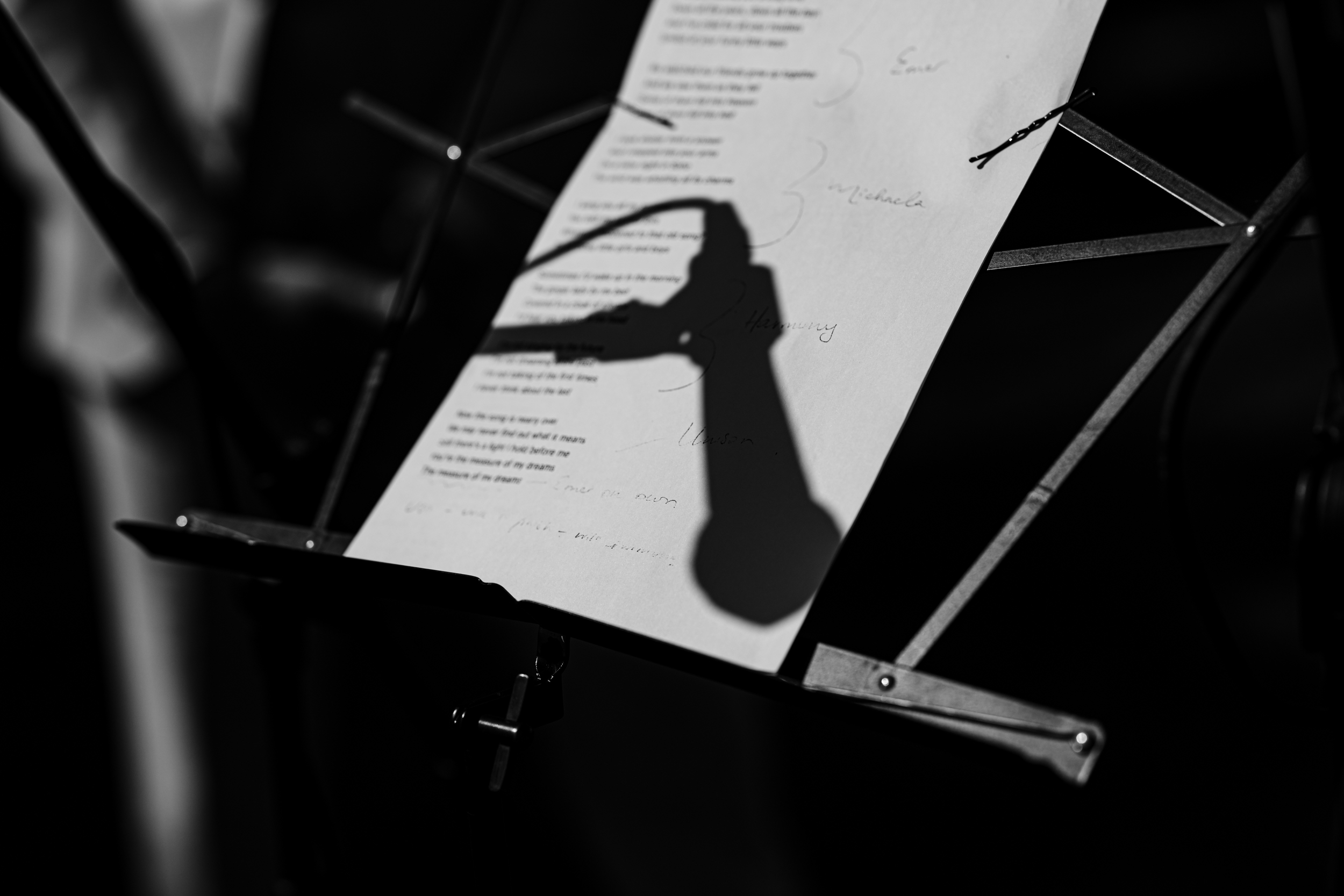 Song lyrics on a music stand with the microphone casting a shadow.