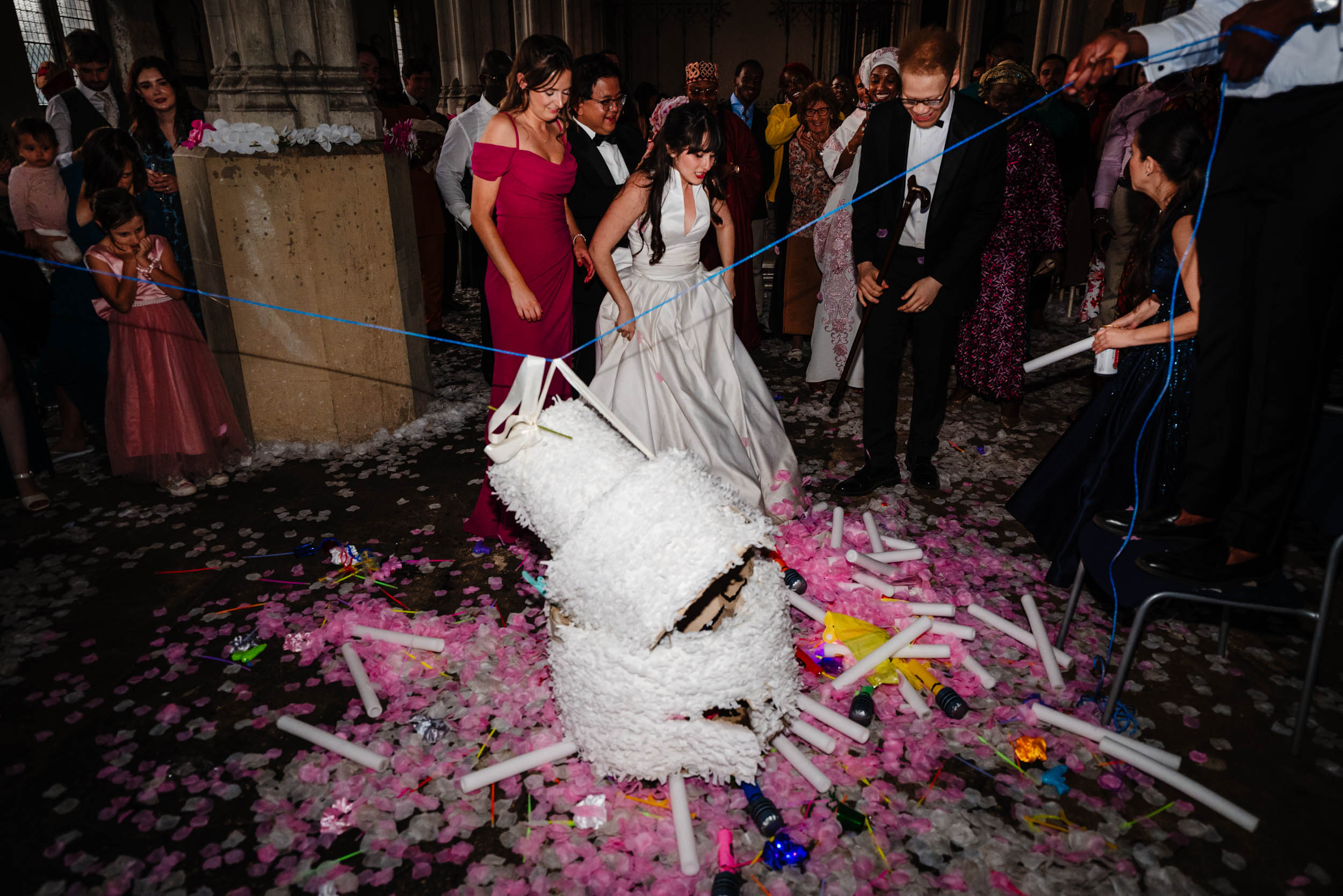 Cake full of props being smashed.