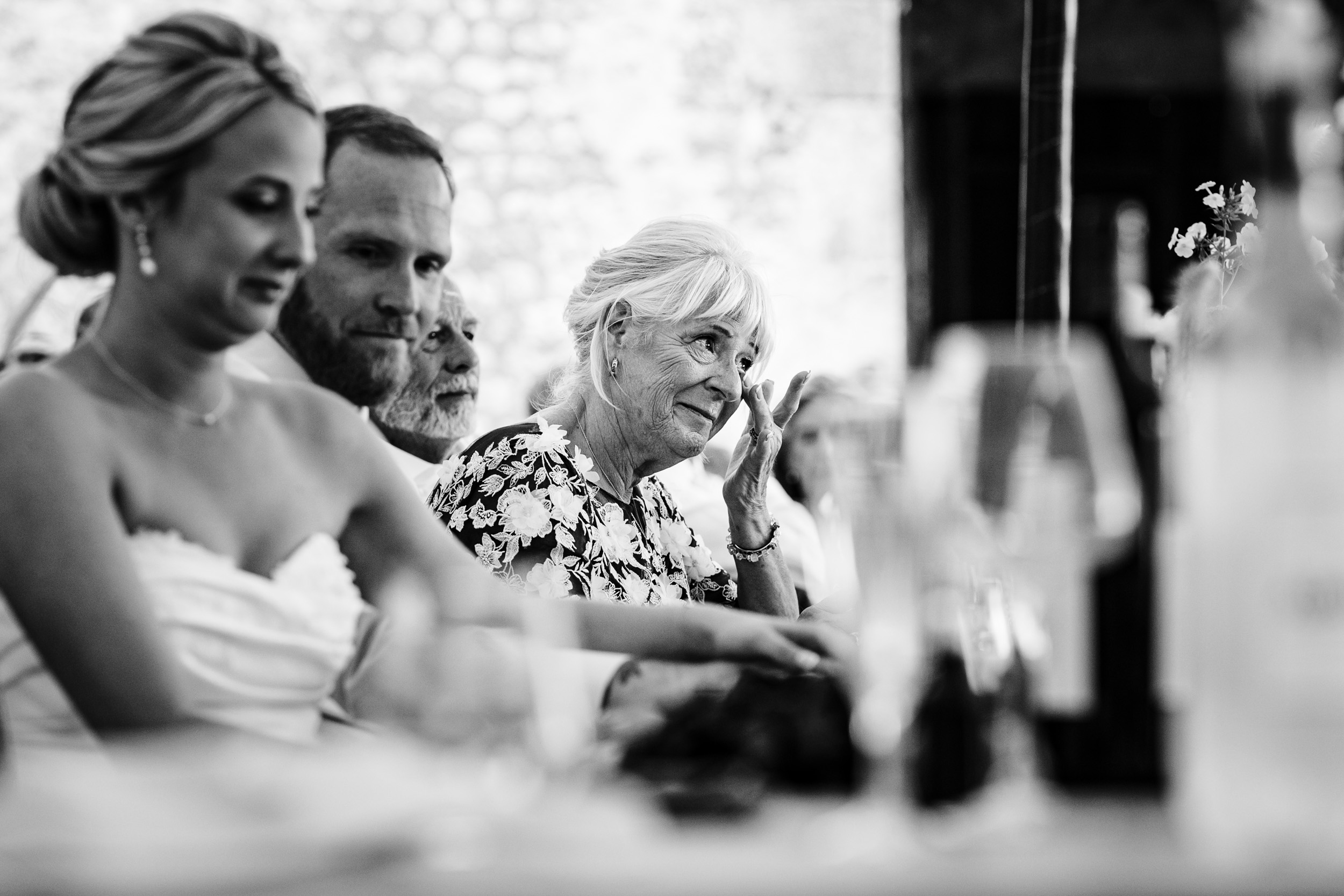 Groom’s mum wiping away a tear during an emotional speech moment