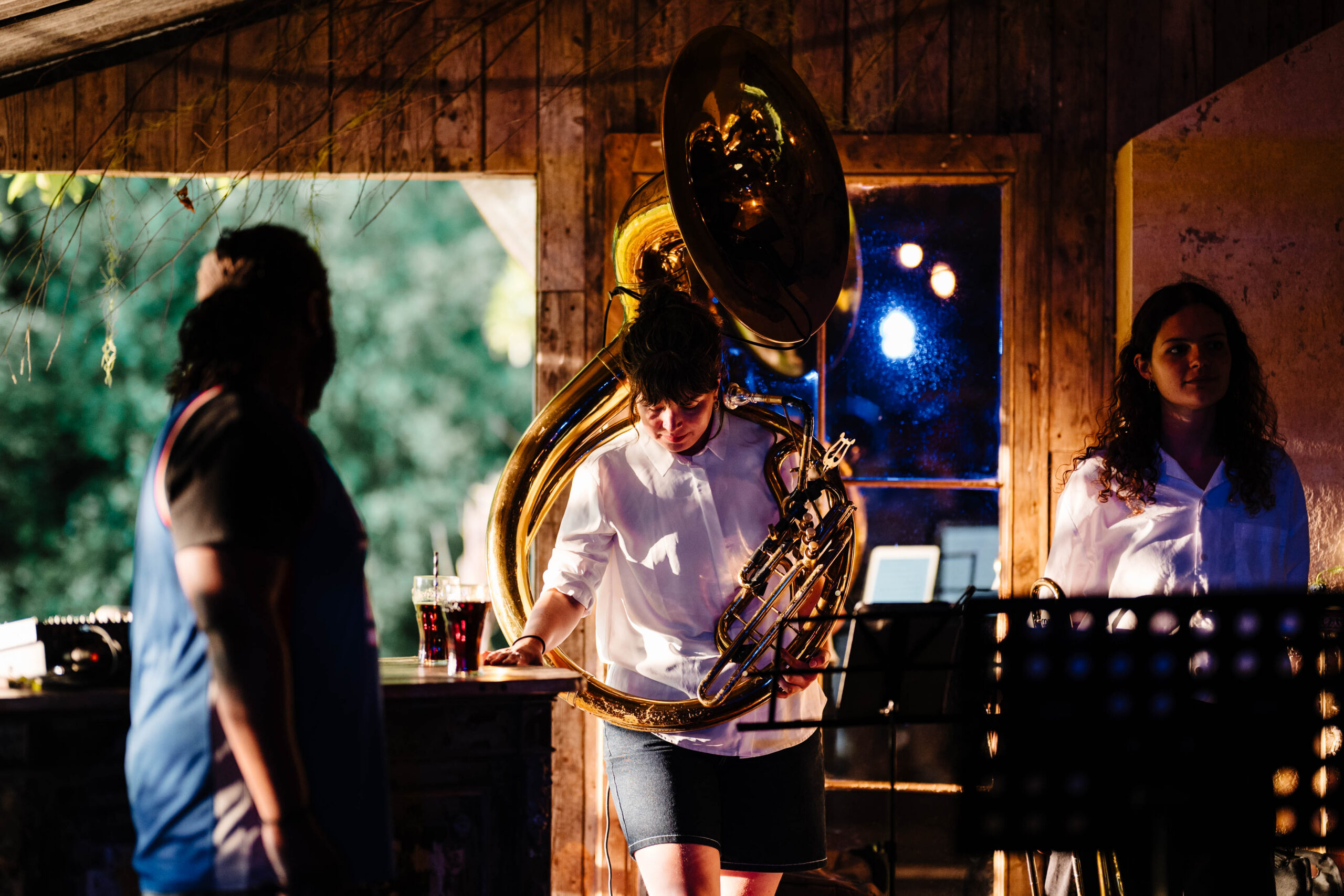 Live brass band performing during evening wedding celebrations at The Dreys.